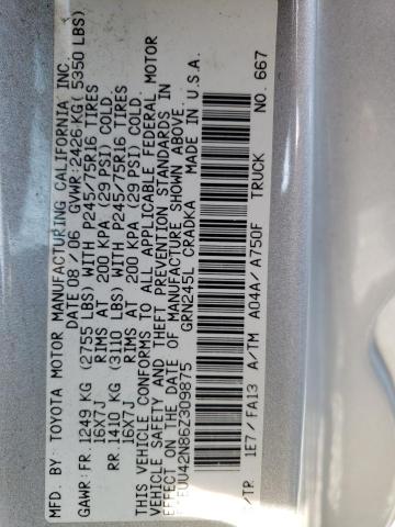 5TEUU42N86Z309875 - 2006 TOYOTA TACOMA ACCESS CAB ვერცხლისფერი ფოტო 12