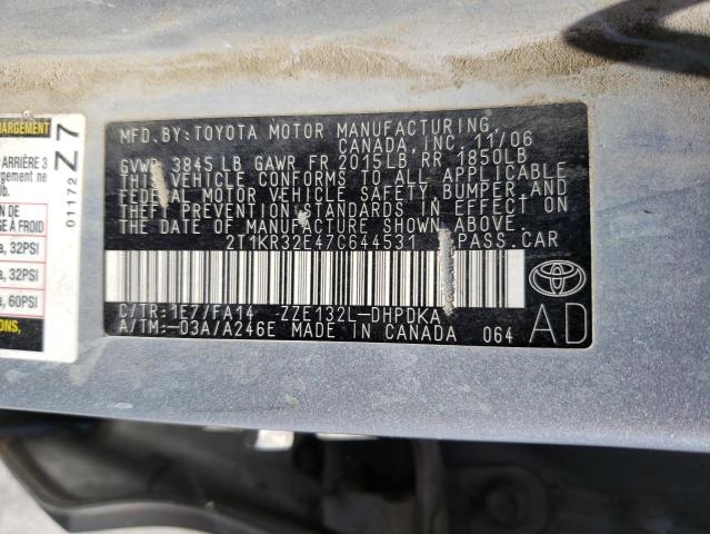 2T1KR32E47C644531 - 2007 TOYOTA COROLLA MA XR SILVER photo 12