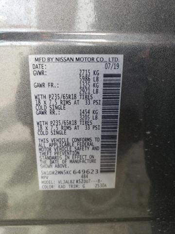 5N1DR2MN5KC649623 - 2019 NISSAN PATHFINDER S GRAY photo 12