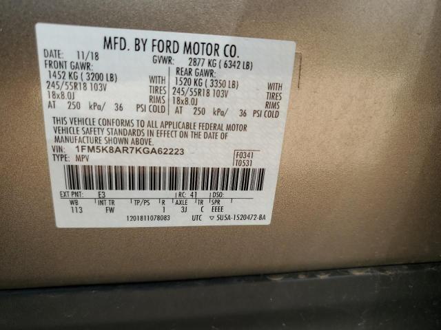 1FM5K8AR7KGA62223 - 2019 FORD EXPLORER POLICE INTERCEPTOR 米色 照片 12