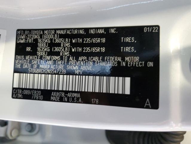 5TDGBRCH2NS547239 - 2022 TOYOTA HIGHLANDER HYBRID XLE WHITE photo 12