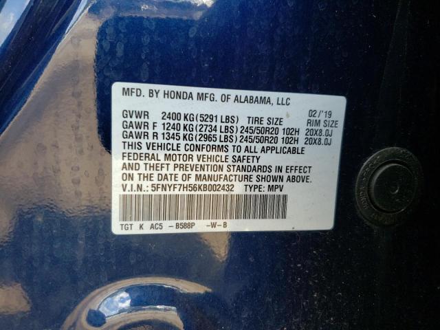 5FNYF7H56KB002432 - 2019 HONDA PASSPORT EXL BLUE photo 10