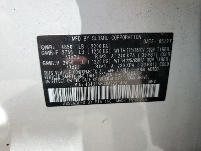 4S4BTAFC1M3221498 - 2021 SUBARU OUTBACK PREMIUM WHITE photo 13