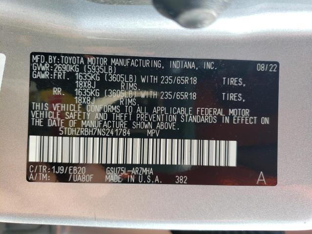 5TDHZRBH7NS241784 - 2022 TOYOTA HIGHLANDER XLE SILVER photo 14