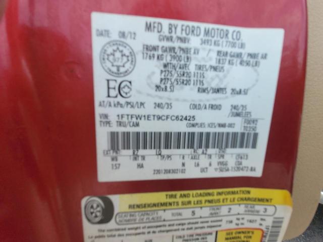 1FTFW1ET9CFC62425 - 2012 FORD F150 SUPERCREW RED photo 10