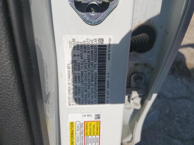 2HGFE2F5XNH546254 - 2022 HONDA CIVIC SPORT WHITE photo 13