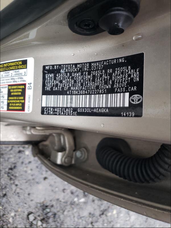 4T1BK36B47U227851 - 2007 TOYOTA AVALON XL GOLD photo 10