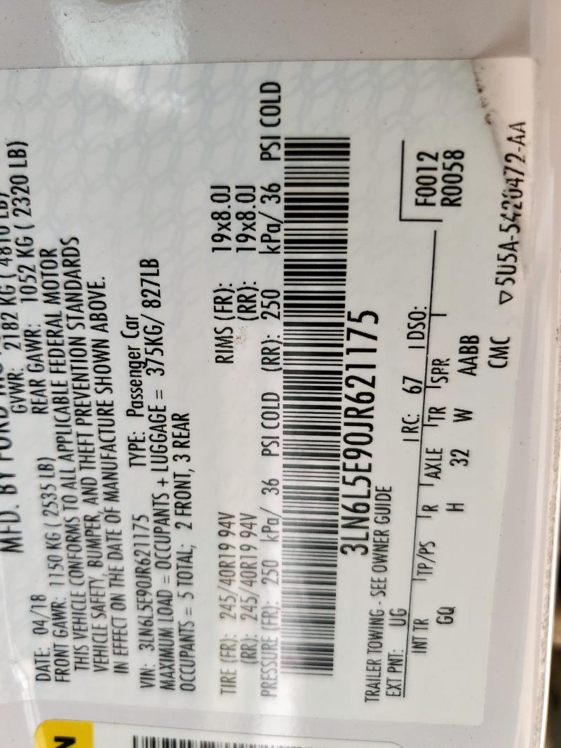 3LN6L5E90JR621175 - 2018 LINCOLN MKZ RESERVE თეთრი ფოტო 12