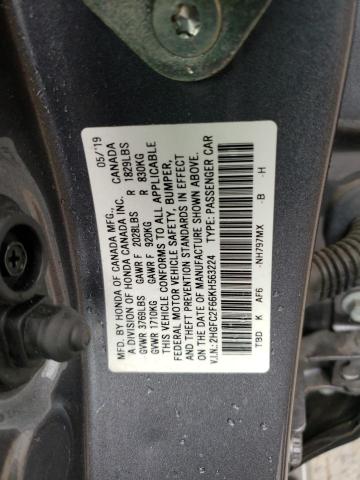 2HGFC2F66KH563224 - 2019 HONDA CIVIC LX GRAY photo 12