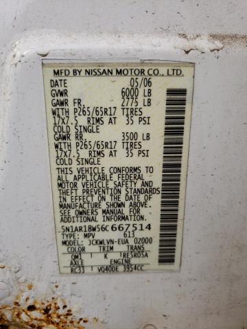 5N1AR18W56C667514 - 2006 NISSAN PATHFINDER LE WHITE photo 12