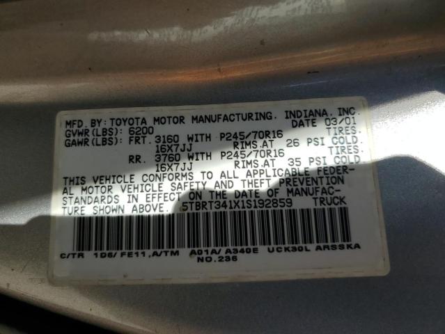 5TBRT341X1S192859 - 2001 TOYOTA TUNDRA ACCESS CAB ვერცხლისფერი ფოტო 12