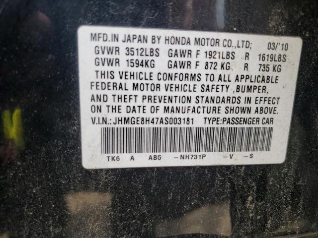 JHMGE8H47AS003181 - 2010 HONDA FIT SPORT BLACK photo 13