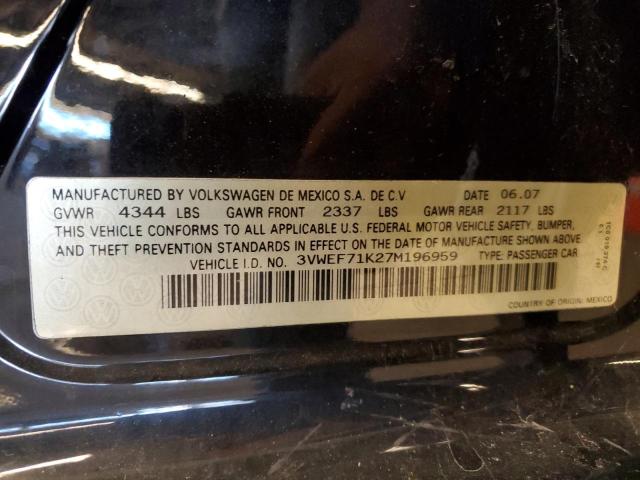 3VWEF71K27M196959 - 2007 VOLKSWAGEN JETTA WOLFSBURG 黑色 照片 12