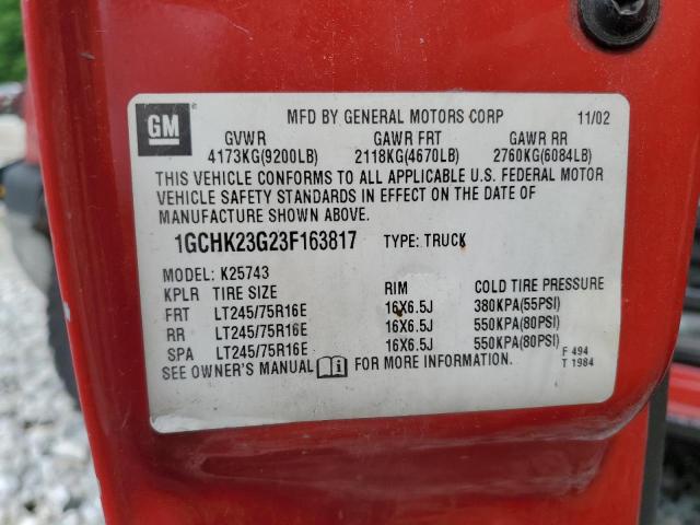 1GCHK23G23F163817 - 2003 CHEVROLET SILVERADO K2500 HEAVY DUTY RED photo 12