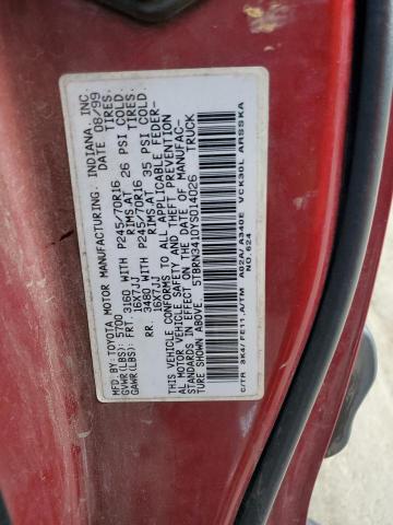 5TBRN3410YS014026 - 2000 TOYOTA TUNDRA ACCESS CAB SR5 BURGUNDY photo 12