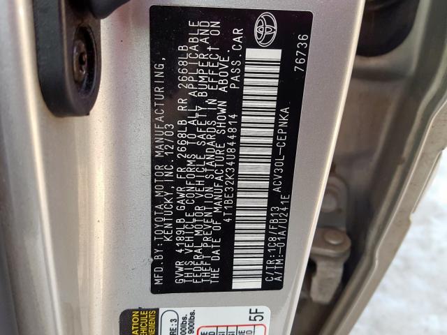 4T1BE32K34U844814 - 2004 TOYOTA CAMRY LE  photo 10