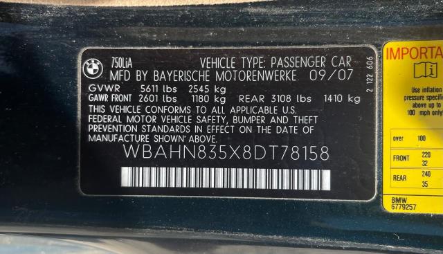 WBAHN835X8DT78158 - 2008 BMW 750 LI GREEN photo 10