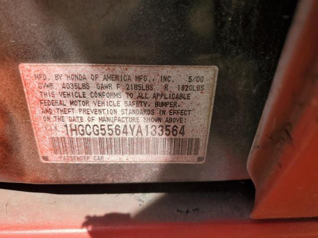 1HGCG5564YA133564 - 2000 HONDA ACCORD EX RED photo 12