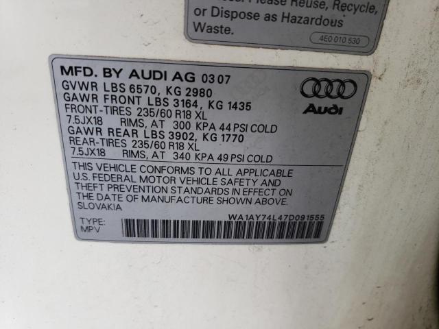 WA1AY74L47D091555 - 2007 AUDI Q7 3.6 QUATTRO WHITE photo 12