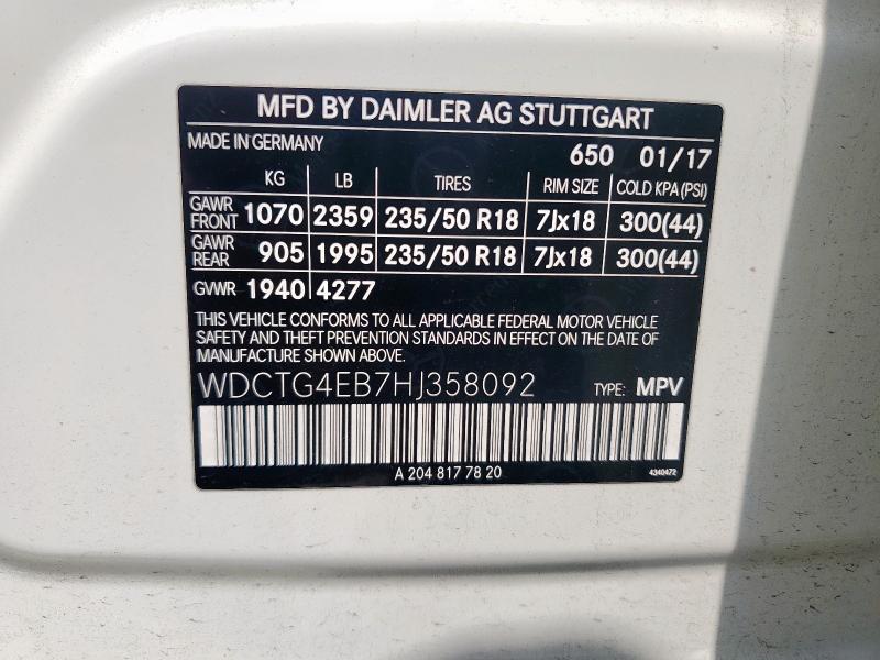 WDCTG4EB7HJ358092 - 2017 MERCEDES-BENZ GLA 250 Белый фото 14