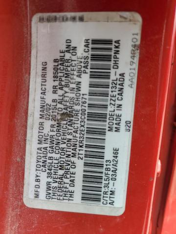 2T1KR32EX3C007671 - 2003 TOYOTA COROLLA MA XR RED photo 12