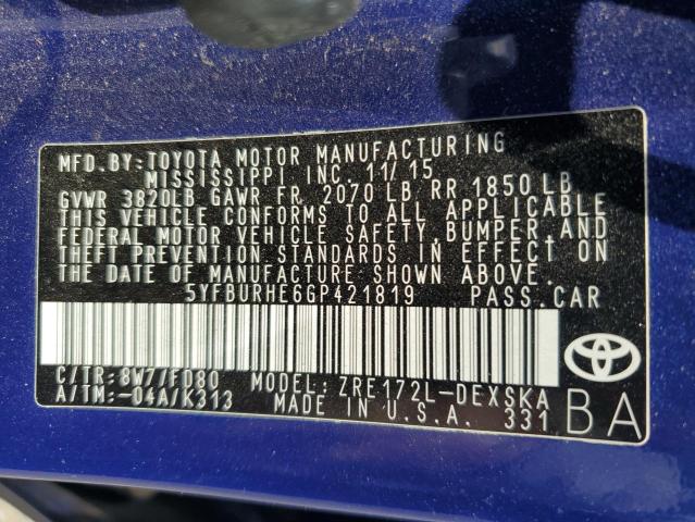 5YFBURHE6GP421819 - 2016 TOYOTA COROLLA L BLUE photo 13