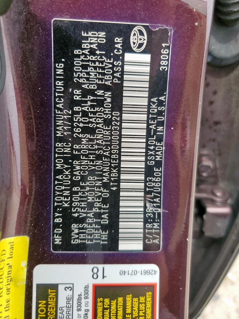 4T1BK1EB9DU003220 - 2013 TOYOTA AVALON BASE PURPLE photo 12