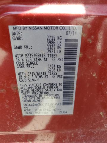 5N1AR2MN2EC716993 - 2014 NISSAN PATHFINDER S RED photo 12