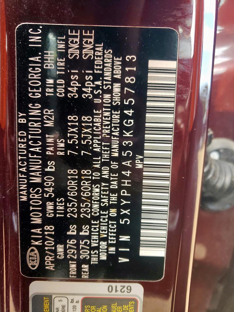 5XYPH4A53KG457813 - 2019 KIA SORENTO EX Bordo foto 13