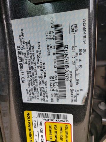 3FA6P0HD1KR245735 - 2019 FORD FUSION SE GRAY photo 12