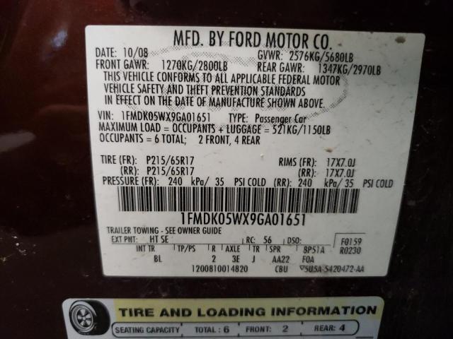 1FMDK05WX9GA01651 - 2009 FORD TAURUS X SEL MAROON photo 14