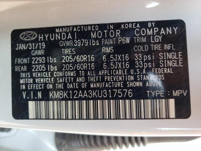 KM8K12AA3KU317576 - 2019 HYUNDAI KONA SE WHITE photo 13