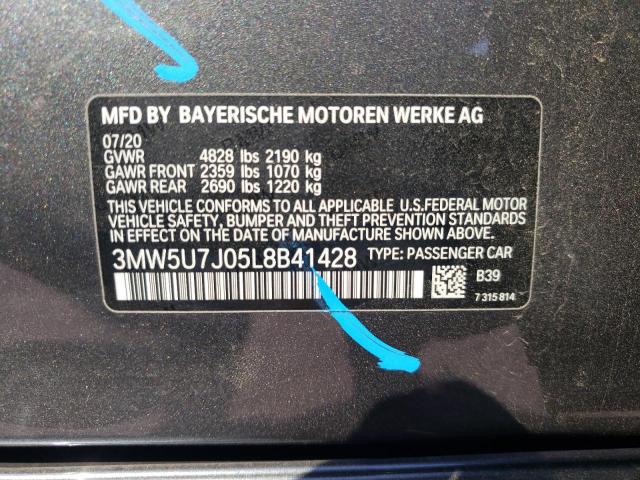 3MW5U7J05L8B41428 - 2020 BMW M340I GRAY photo 12