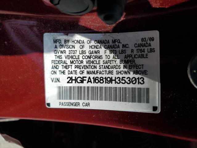 2HGFA16819H353013 - 2009 HONDA CIVIC EX RED photo 12