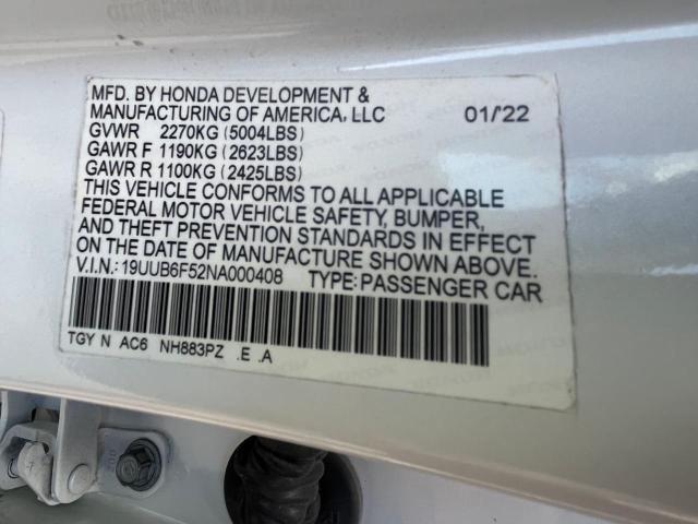 19UUB6F52NA000408 - 2022 ACURA TLX TECH A WHITE photo 10