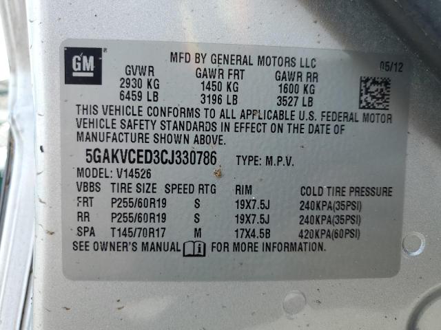 5GAKVCED3CJ330786 - 2012 BUICK ENCLAVE SILVER photo 12