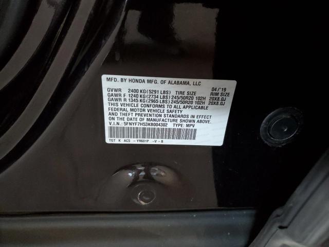 5FNYF7H53KB004302 - 2019 HONDA PASSPORT EXL 黑色 照片 12