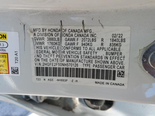 2HGFE2F50NH570126 - 2022 HONDA CIVIC SPORT თეთრი ფოტო 12