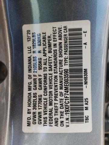 19XFC1F74ME003590 - 2021 HONDA CIVIC EXL SILVER photo 12