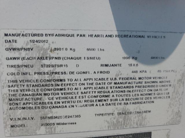 5SFNB3425CE247385 - 2012 HEARTLAND WILDERNESS 白色 照片 10