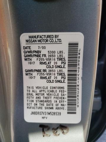 JN8DR07Y31W528539 - 2001 NISSAN PATHFINDER LE SILVER photo 12