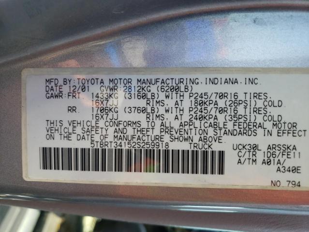 5TBRT34152S259918 - 2002 TOYOTA TUNDRA ACCESS CAB ვერცხლისფერი ფოტო 12