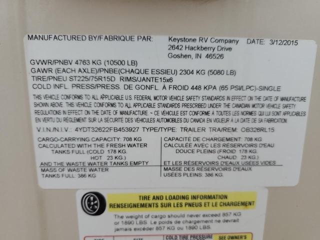 4YDT32622FB453927 - 2015 KEYSTONE OUTBACK CREAM photo 10