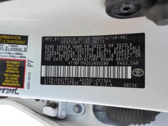 4T1BF1FK2CU600288 - 2012 TOYOTA CAMRY BASE WHITE photo 12