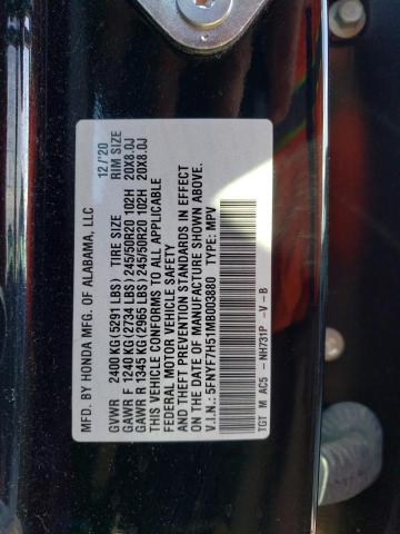 5FNYF7H51MB003880 - 2021 HONDA PASSPORT EXL BLACK photo 12