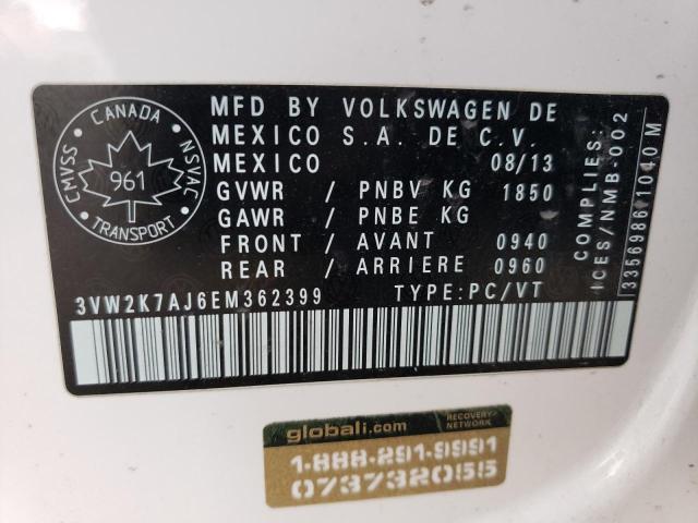 3VW2K7AJ6EM362399 - 2014 VOLKSWAGEN JETTA BASE WHITE photo 12