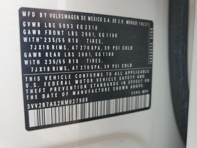 3VV2B7AX2NM027908 - 2022 VOLKSWAGEN TIGUAN SE أبيض صورة 13