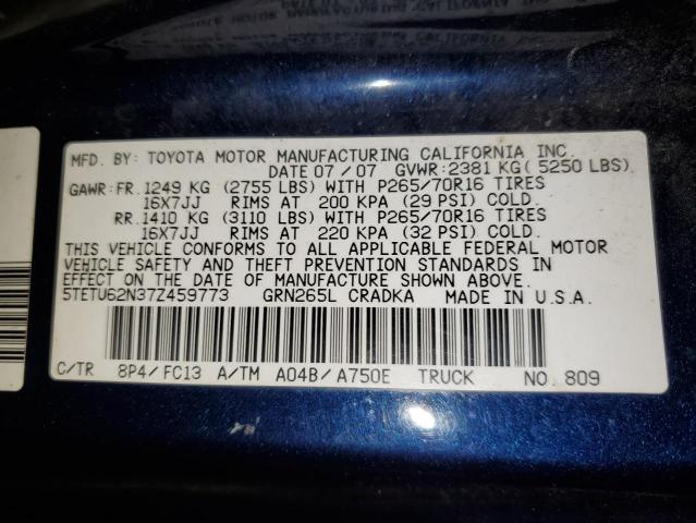 5TETU62N37Z459773 - 2007 TOYOTA TACOMA PRERUNNER ACCESS CAB BLUE photo 12