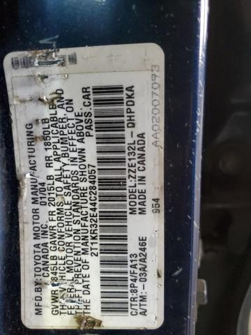 2T1KR32E44C284057 - 2004 TOYOTA COROLLA MA XR BLUE photo 12