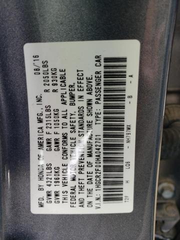 1HGCR2F00HA042701 - 2017 HONDA ACCORD EX GRAY photo 12